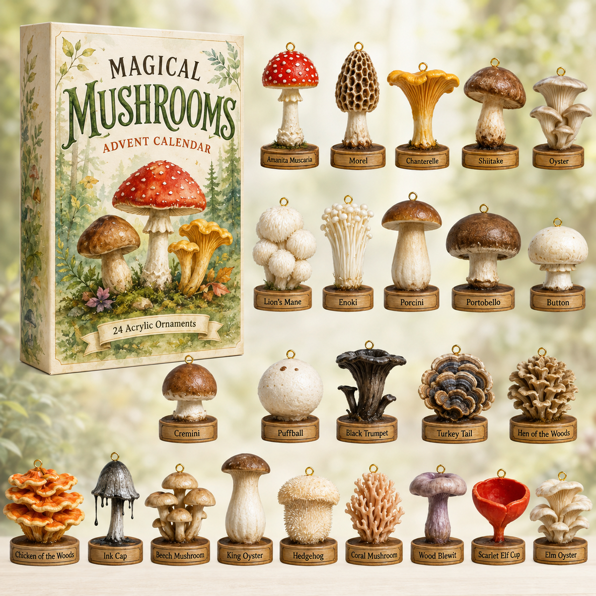 Magical Mushrooms Advent Calendar 2026 - 24-Day Festive Countdown, Acrylic Charms Blind Box - Gift For Mushroom & Nature Lovers