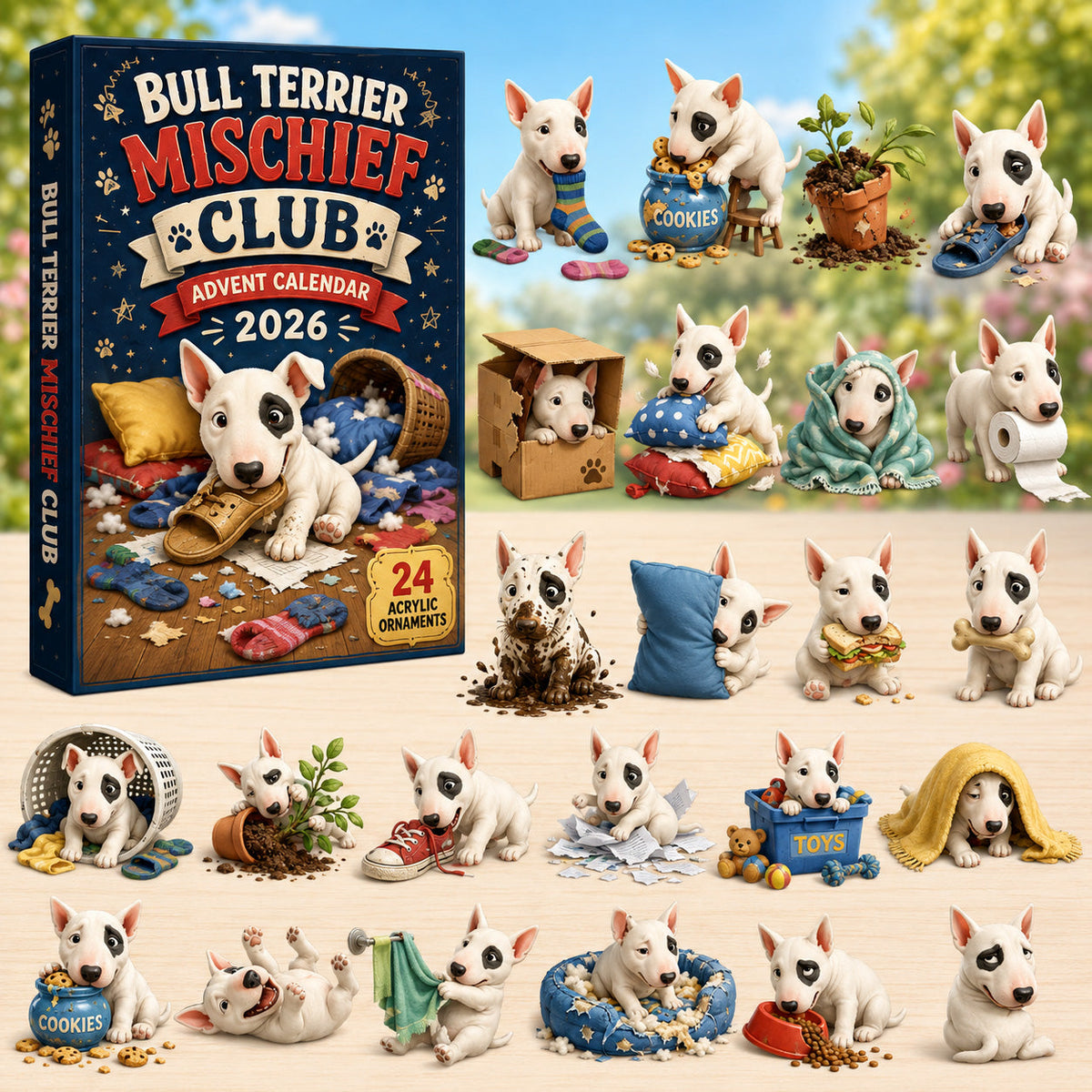 Bull Terrier Mischief Club Advent Calendar 2026 - 24-Day Festive Countdown, Acrylic Charms Blind Box - Gift For Bull Terrier Lovers