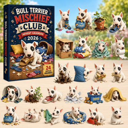Bull Terrier Mischief Club Advent Calendar 2026 - 24-Day Festive Countdown, Acrylic Charms Blind Box - Gift For Bull Terrier Lovers