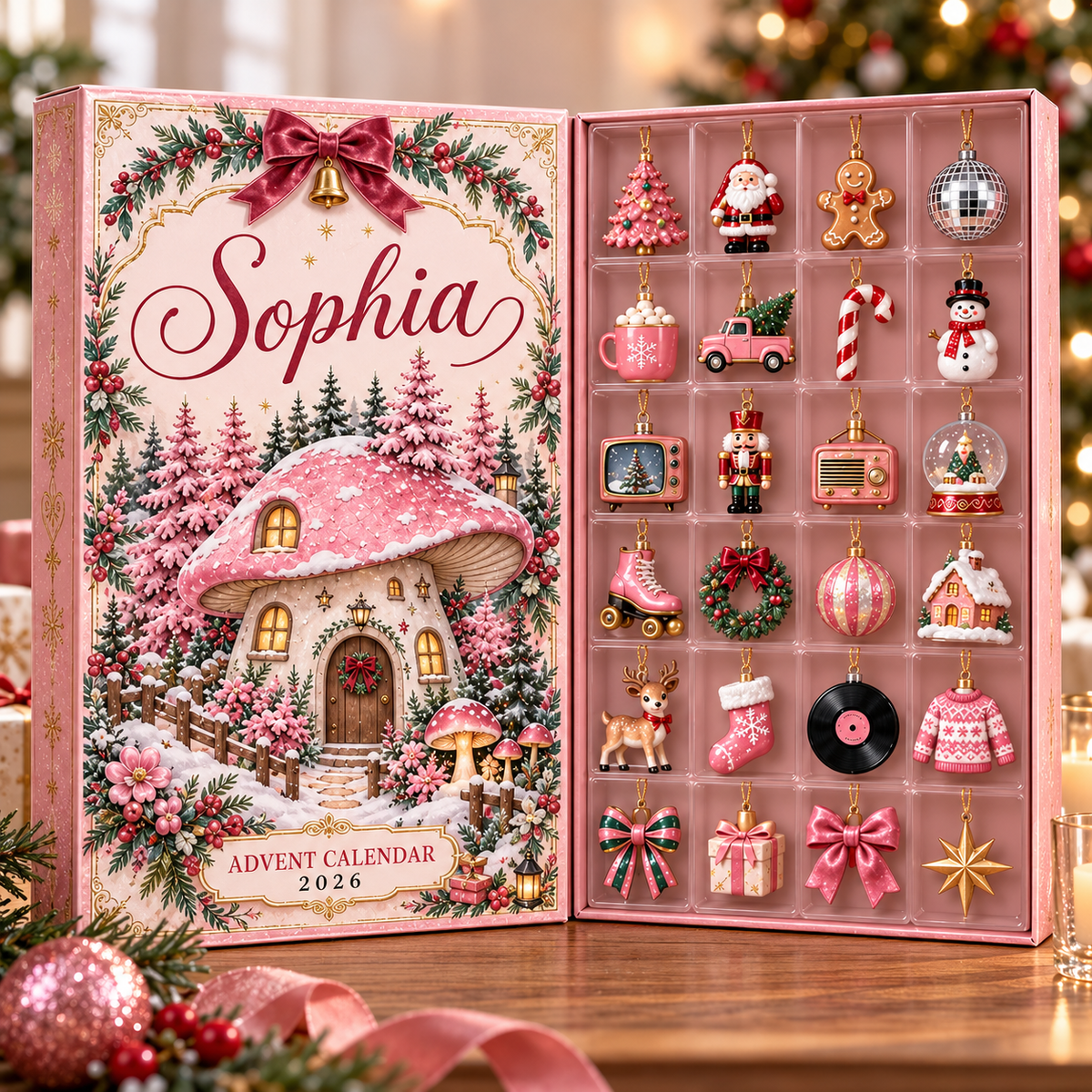 Personalized Christmas Advent Calendar 2026, Custom Name 24 Acrylic Ornament Charms, Pink Holiday Countdown Gift for Girls, Kids & Family