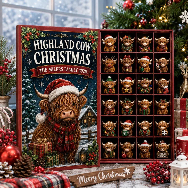 Highland Cow Advent Calendar, Christmas Countdown Box, 24 Mini Cow Ornament, Family Holiday Decor, Collectible Gift 2026, Farmhouse Present