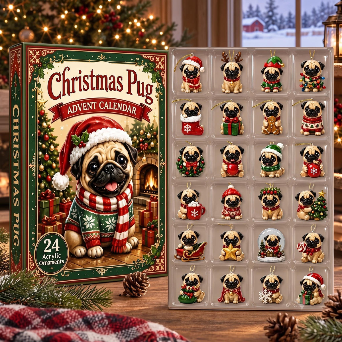 Silly Pug Advent Calendar 2026, 24 Days Fall Christmas Countdown Box, Cute Dog Tree Ornaments, Xmas Pug Lover Gift