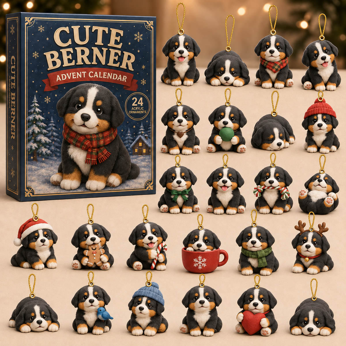 Cute Berner Winter Advent Calendar 2026 - 24-Day Festive Countdown, Acrylic Charms Blind Box - Gift For Bernese Lovers