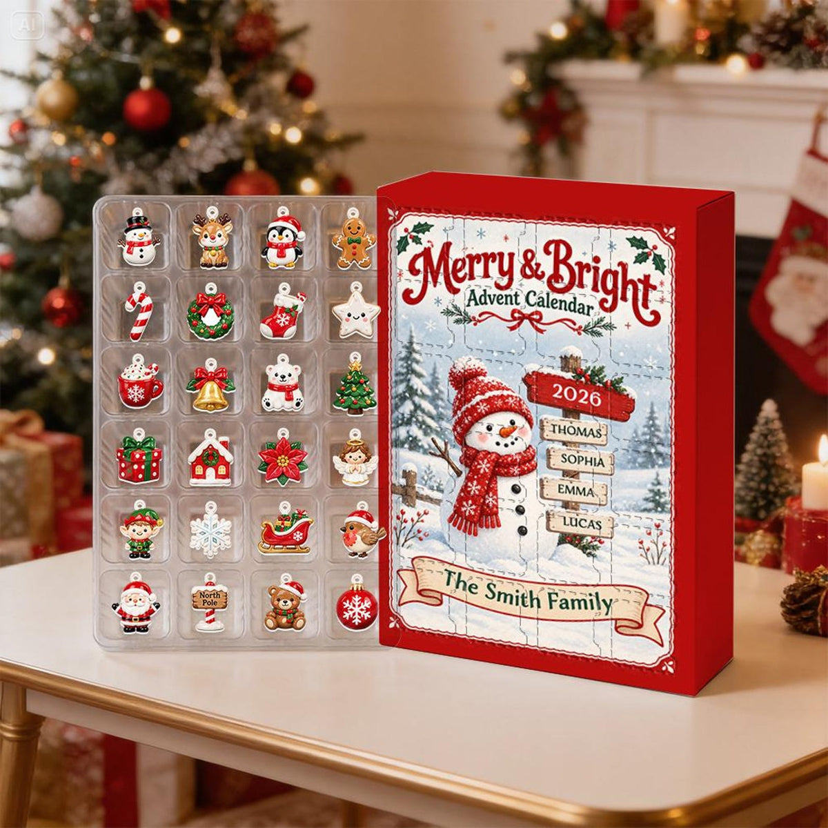 Custom Family Name Merry Bright Advent Calendar, 24 Pcs Snowman Acrylic Charms Countdown Gift
