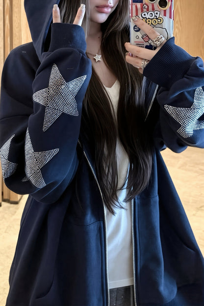 Rhinestone Star Oversized Zip Hoodie