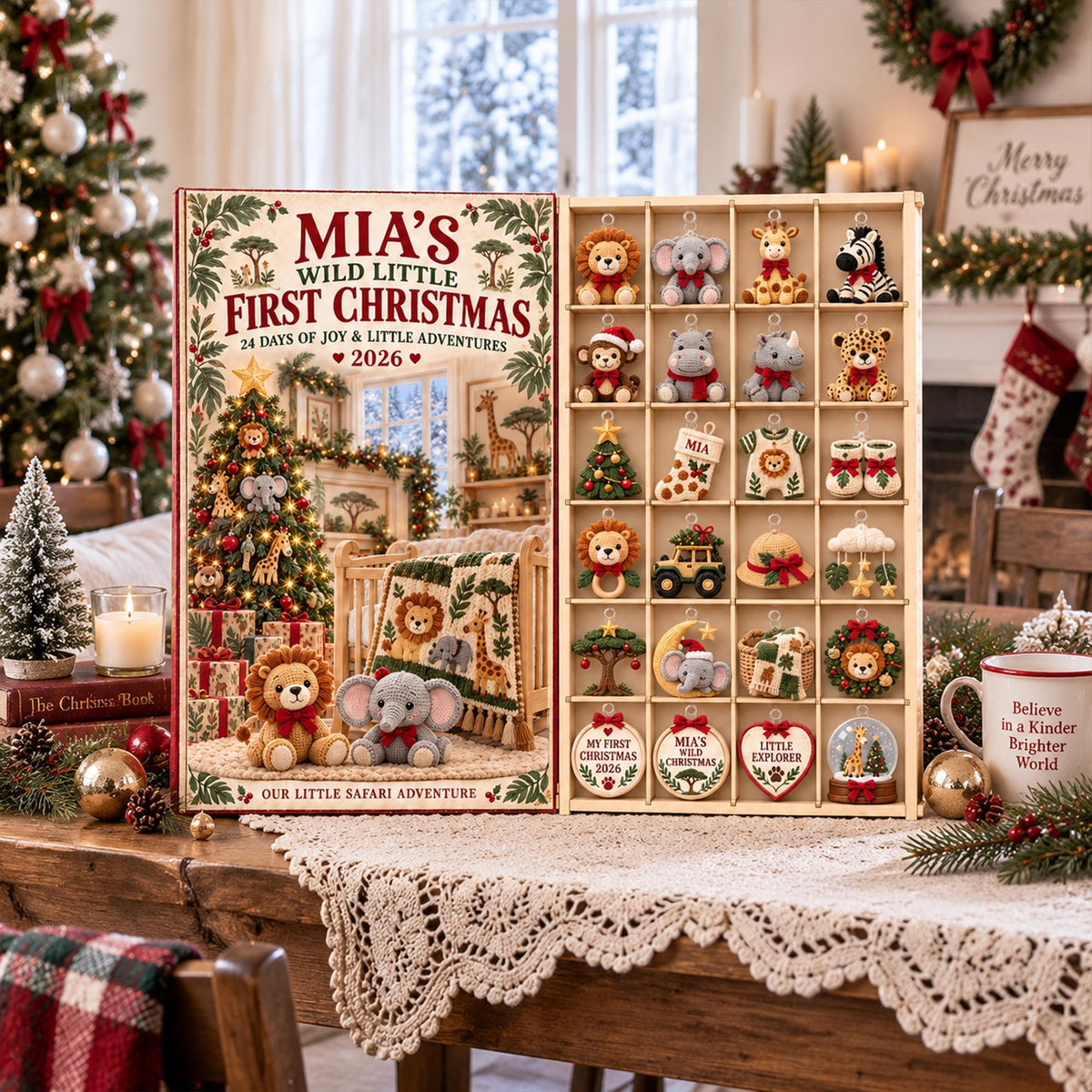 Personalized Baby First Christmas Advent Calendar 2026,Safari Animal Christmas Countdown, 24 Day Baby Ornament Set,Custom Name Keepsake Gift