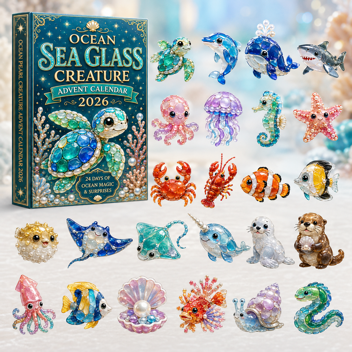 Ocean Sea Glass Creature Advent Calendar 2026 - 24-Day Festive Countdown, Acrylic Charms Blind Box - Gift For Ocean Lovers