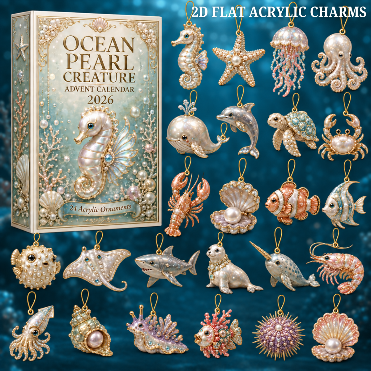 Ocean Pearl Treasures Advent Calendar 2026 - 24-Day Festive Countdown, Acrylic Charms Blind Box - Gift For Ocean Lovers