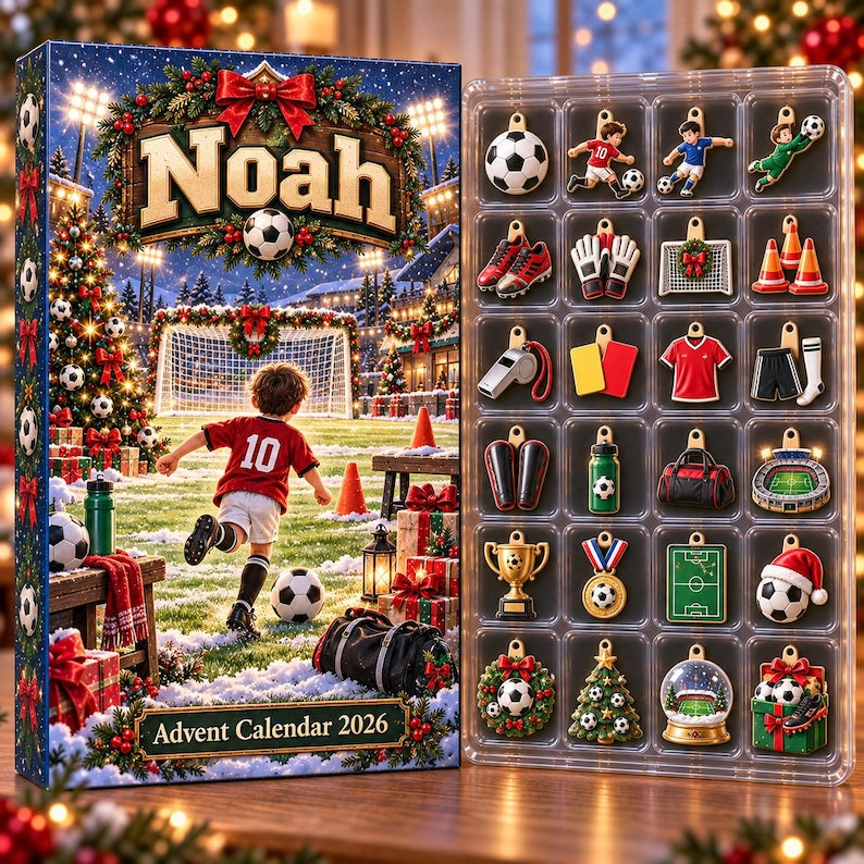 Personalized Soccer Advent Calendar 2026, 24 Football Charms, Custom Name Christmas Countdown Gift for Soccer Players