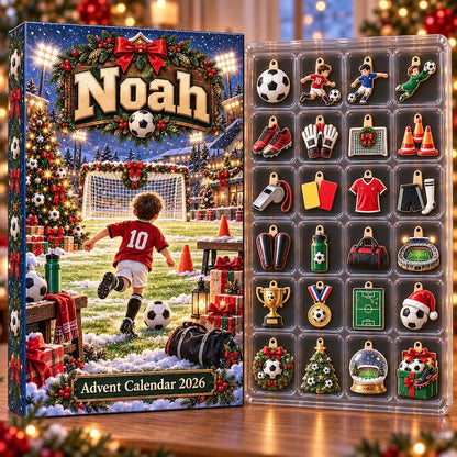 Personalized Soccer Advent Calendar 2026, 24 Football Charms, Custom Name Christmas Countdown Gift for Soccer Players