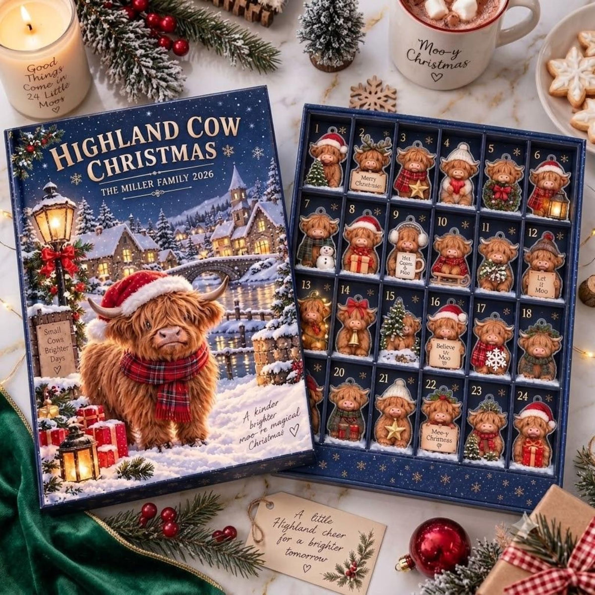 Personalized 2026 Highland Cow Advent Calendar, 24 Mini Cow Figures Christmas Countdown Box, Family Holiday Keepsake Gift