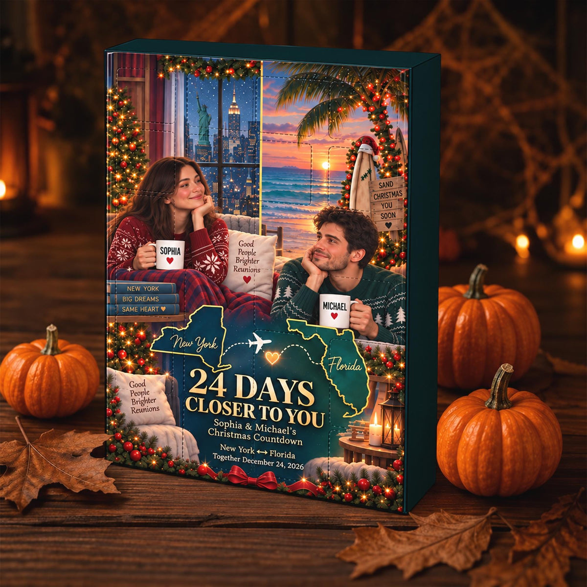 Personalized Long Distance Couple Advent Calendar 2026, 24pc Acrylic Ornaments, Christmas Reunion Gift, Custom State Map Photo Countdown Box