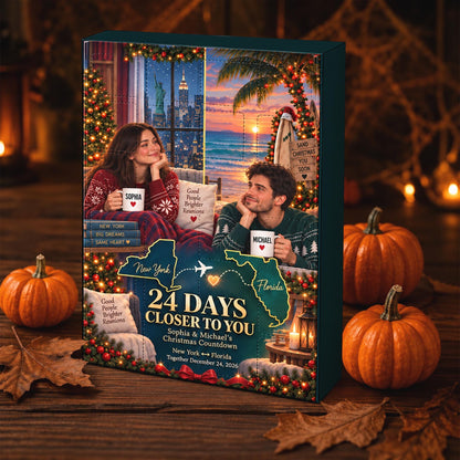 Personalized Long Distance Couple Advent Calendar 2026, 24pc Acrylic Ornaments, Christmas Reunion Gift, Custom State Map Photo Countdown Box