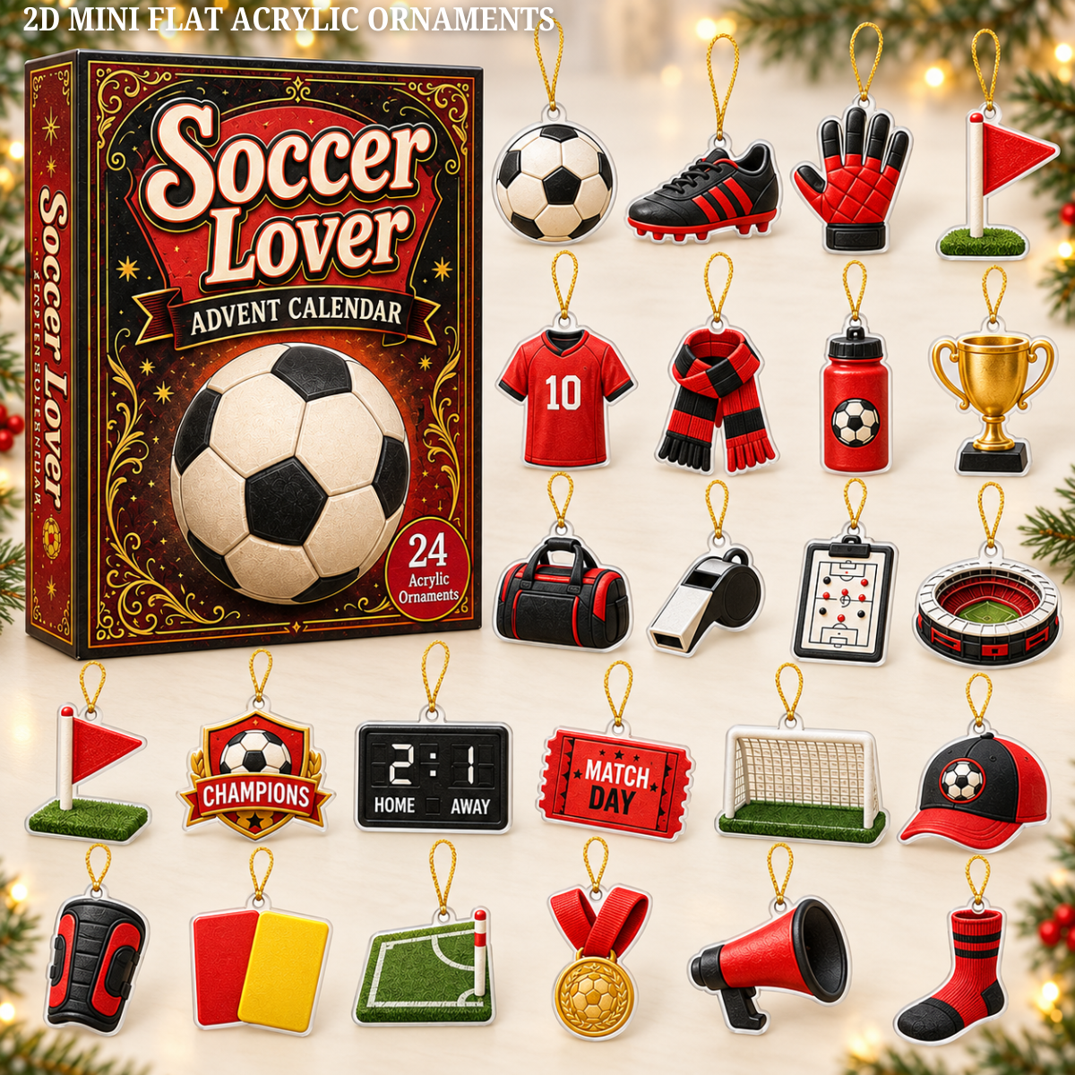 Soccer Theme Red Advent Calendar 2026 - 24-Day Festive Countdown, Acrylic Charms Blind Box - Gift For Soccer Lovers