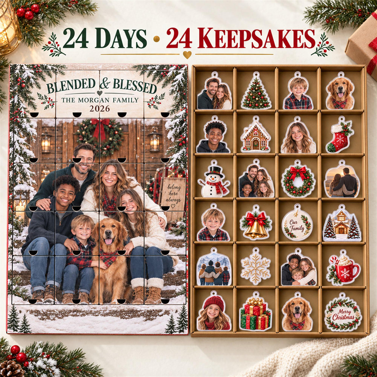 Personalized Blended Family Advent Calendar with 24 Custom Photo Acrylic Ornaments, Bonus Family Christmas Gift, Step Family Keepsake