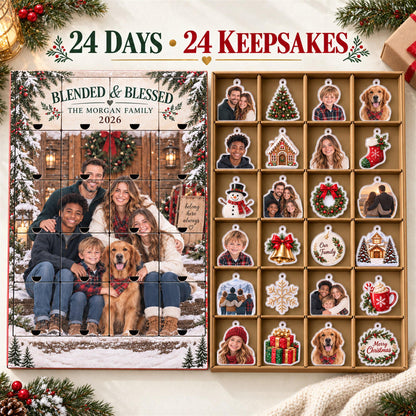 Personalized Blended Family Advent Calendar with 24 Custom Photo Acrylic Ornaments, Bonus Family Christmas Gift, Step Family Keepsake