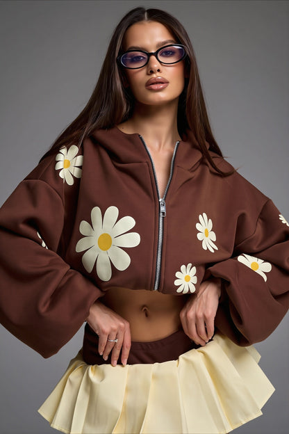 Daisy Print Oversized Zip Hoodie