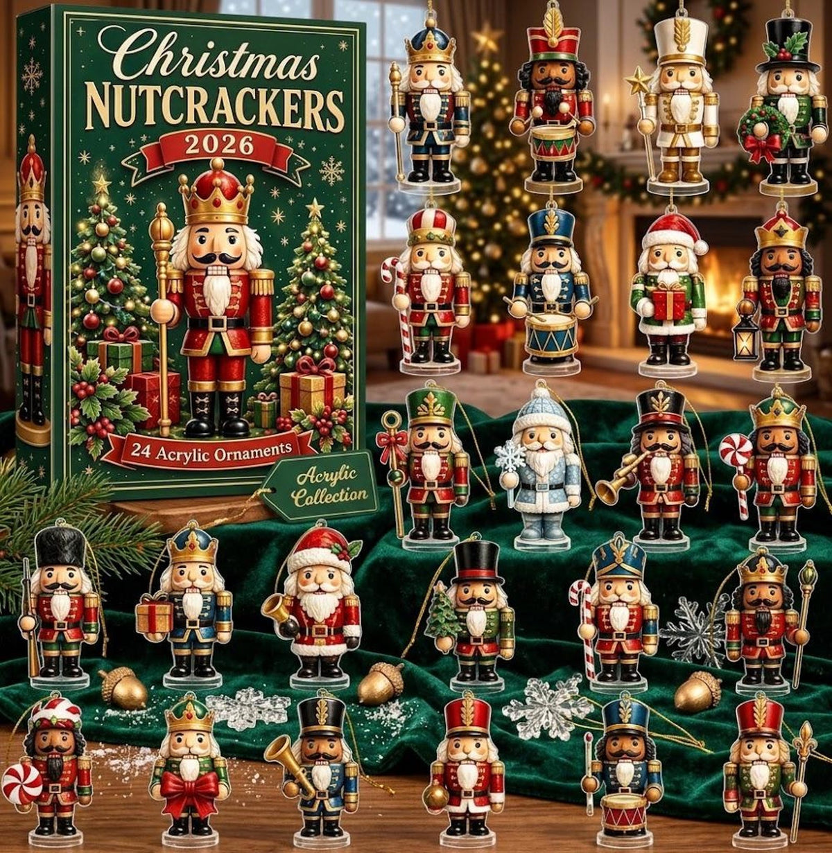 Nutcracker Advent Calendar 2026, 24 Day Christmas Countdown, 2D Flat Acrylic Ornament Set, Xmas Tree Decor, Nutcracker Holiday Gift