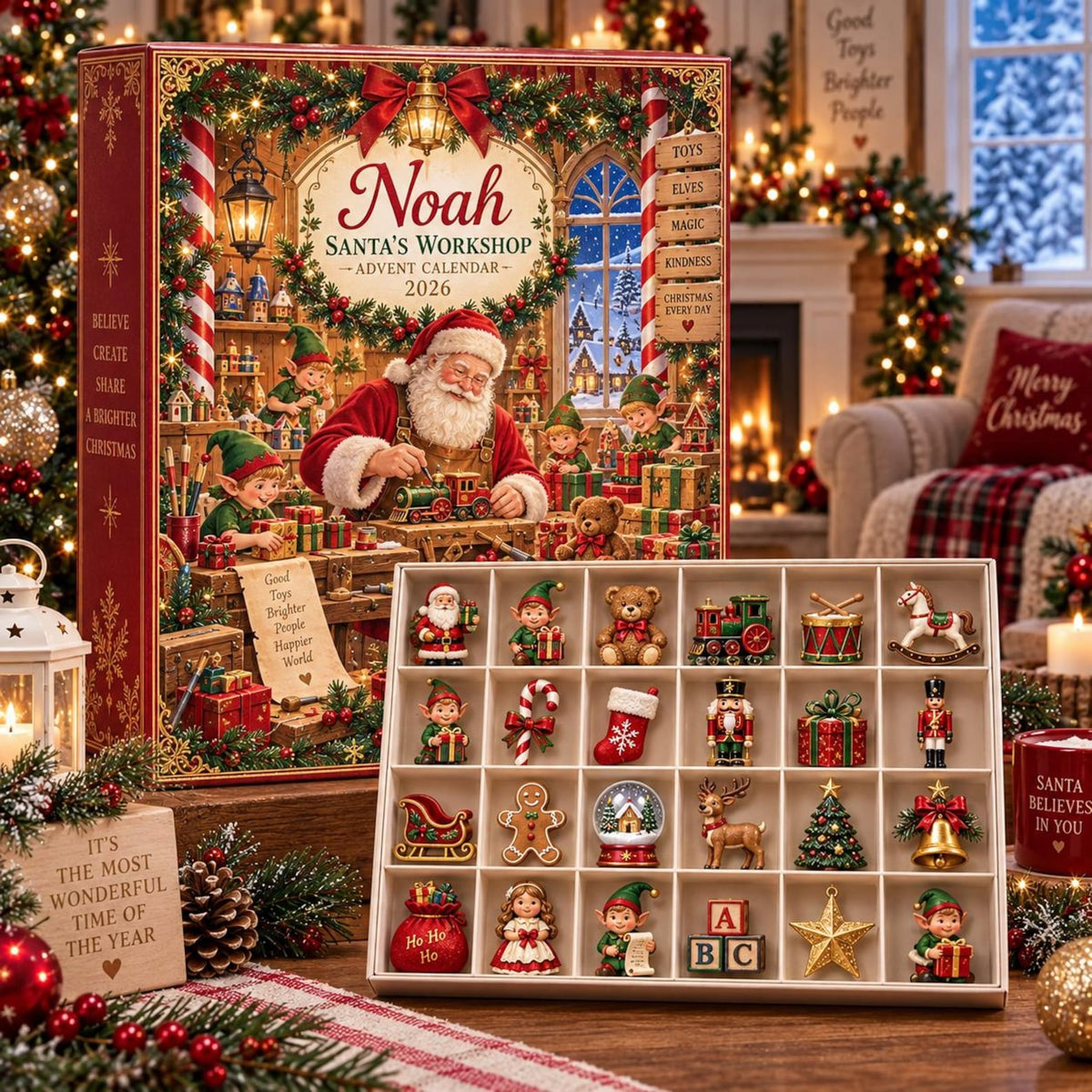Personalized Christmas Advent Calendar Box, Santa Workshop Countdown, 24 Holiday Charms, Kids Christmas Gift, Custom Name Family GIFT 2026
