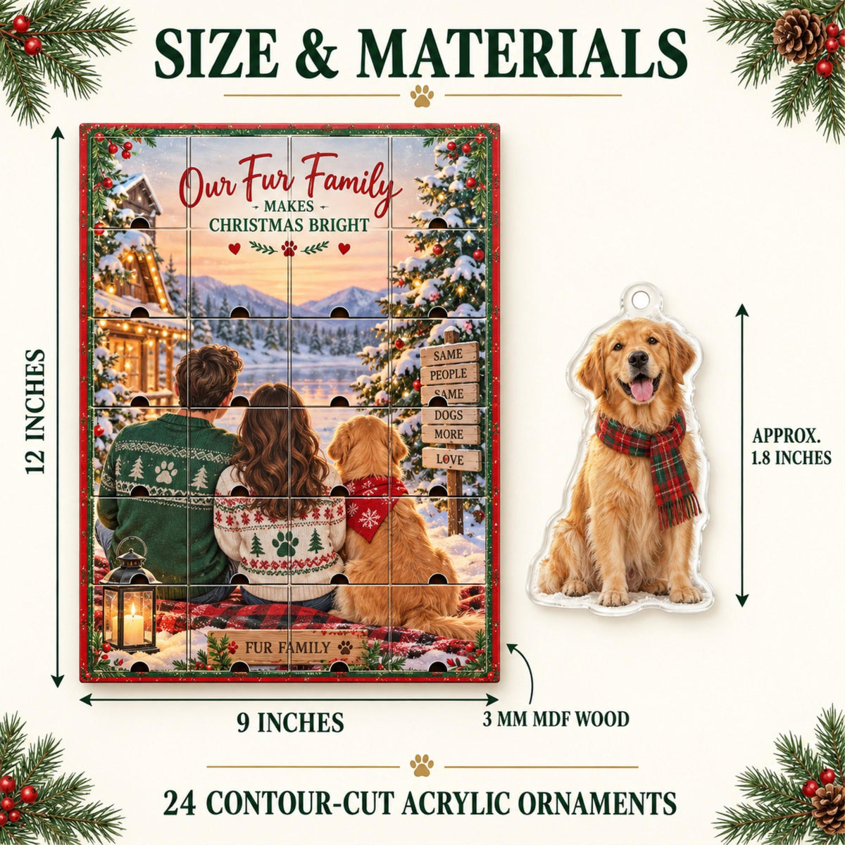 Personalized Fur Family Advent Calendar with 24 Custom Photo Acrylic Ornaments, Couple and Dog Christmas Gift, Pet Parent Keepsake for Two