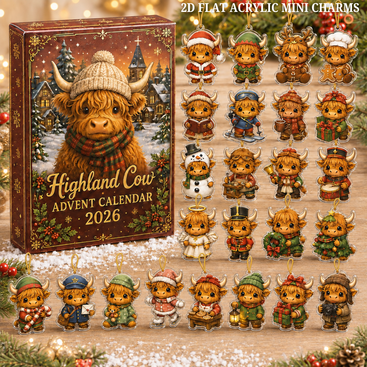 2026 Highland Cow Advent Calendar, 24 Christmas Acrylic Charms, Farmhouse Holiday Decor