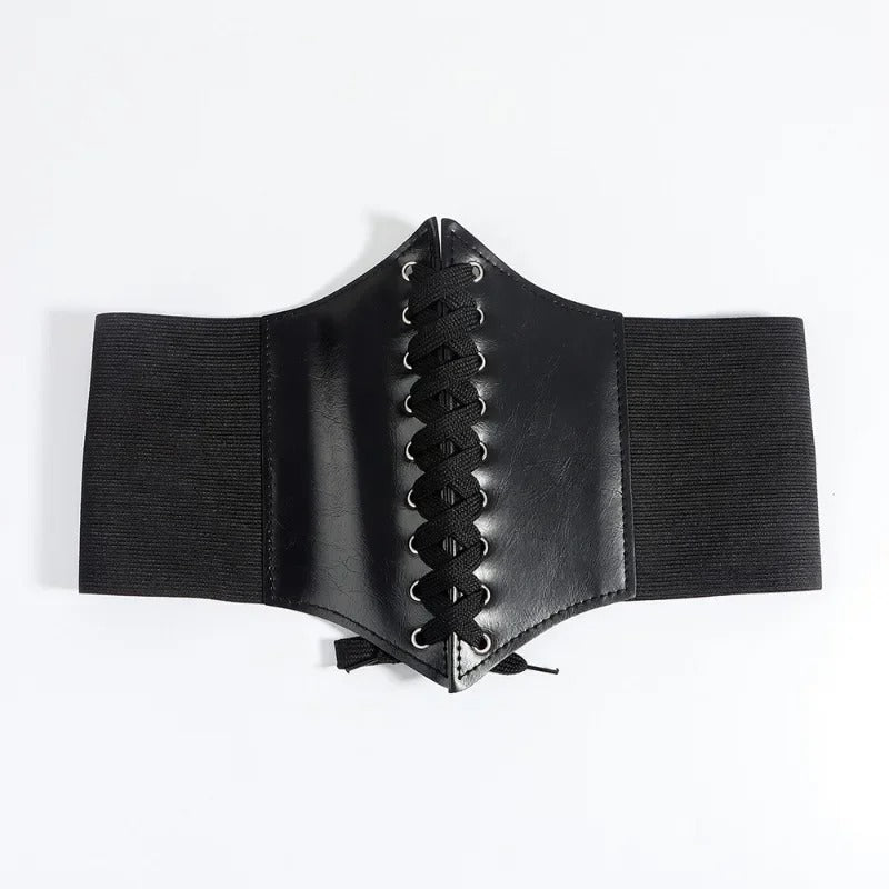 Black Leather Lace Up Elastic Corset Belt