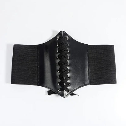 Black Leather Lace Up Elastic Corset Belt