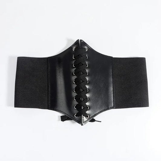 Black Leather Lace Up Elastic Corset Belt