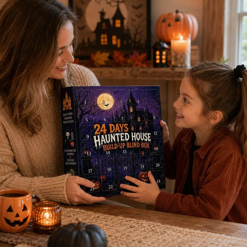 Halloween Countdown Calendar 2026, 24-Day Surprise Gift Box Containing a Mini Acrylic Flat Figure, Cute Ghost or Haunted House Set, 4 Styles