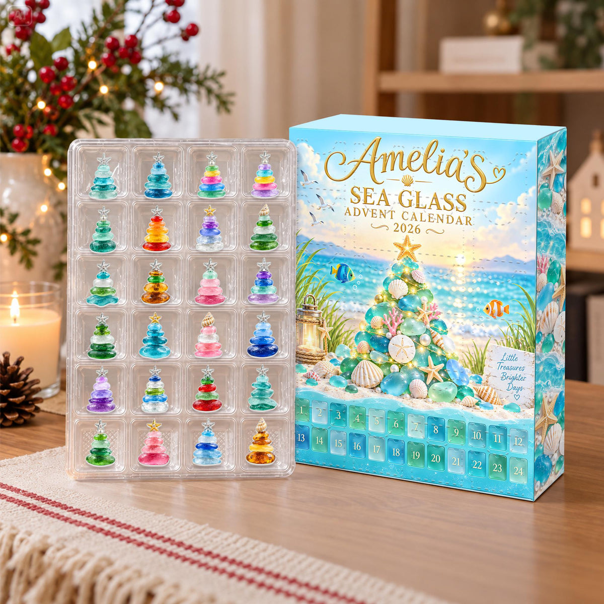 Personalized Sea Glass Advent Calendar Box, Custom Name 24 Charm Christmas Countdown, Beach Lover Holiday Keepsake Gift