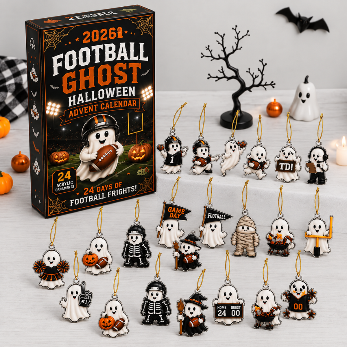2026 Halloween Football Ghost Advent Calendar – 24-Day Spooky Sports Countdown with Acrylic Ghost Charms, Fun Football-Themed Collector Gift for Kids & Fans