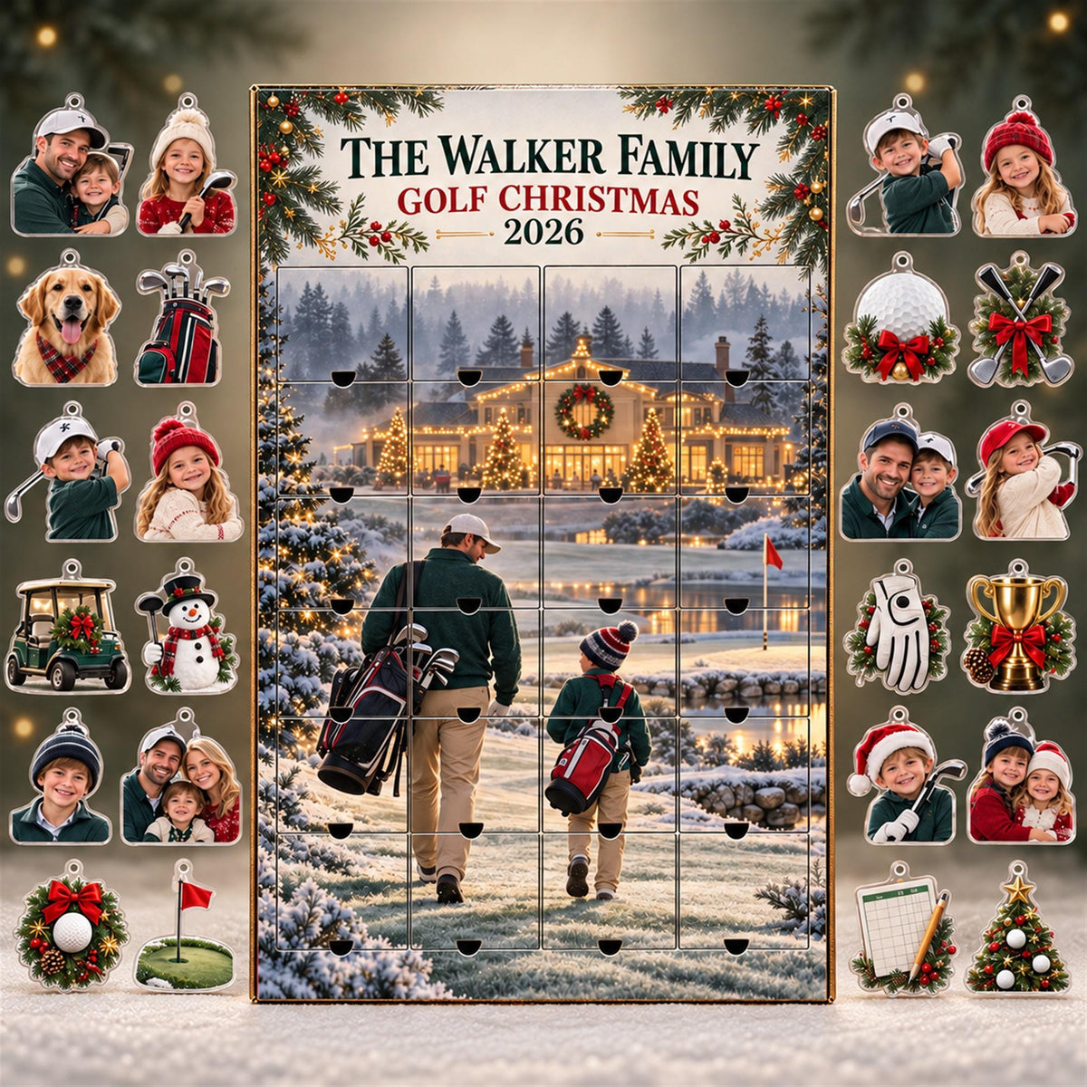 Personalized Golf Advent Calendar with 24 Custom Photo Acrylic Ornaments, Golfer Christmas Countdown Gift for Golf Dad and Family Keepsake
