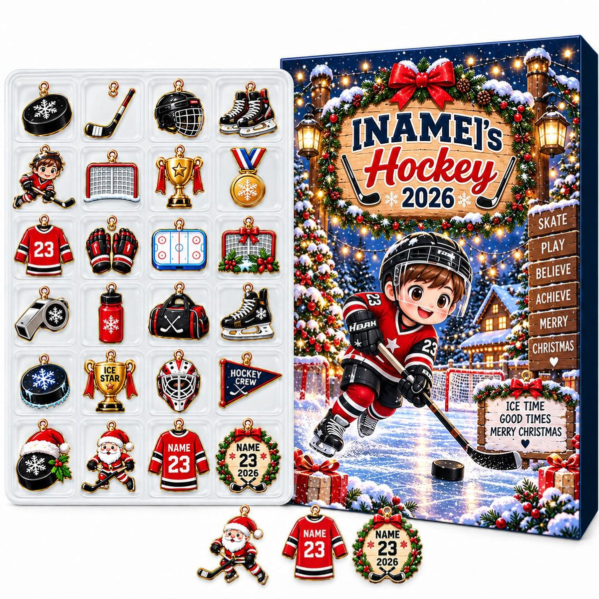 Personalized Hockey Advent Calendar 2026, Kids 24 Days Holiday Countdown Box (2026)