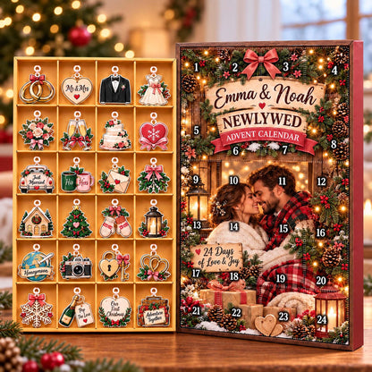 Personalized Newlywed Christmas Advent Calendar 2026, Custom Couple Name Blind Box, 24 Day Countdown Mr Mrs Xmas Ornament Set for Couples