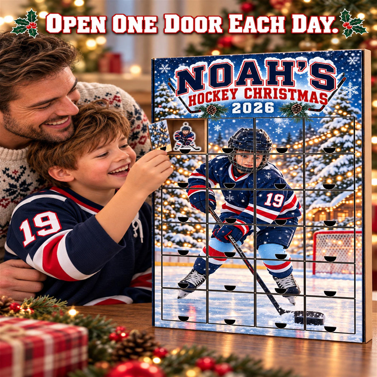 Personalized Hockey Advent Calendar with 24 Custom Photo Acrylic Ornaments, Player Number Christmas Gift for Hockey Family and Coach