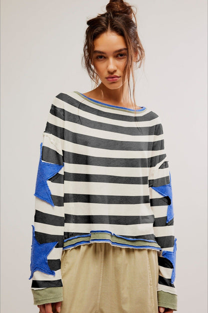 Star Sleeve Applique Stripe Sweatshirt
