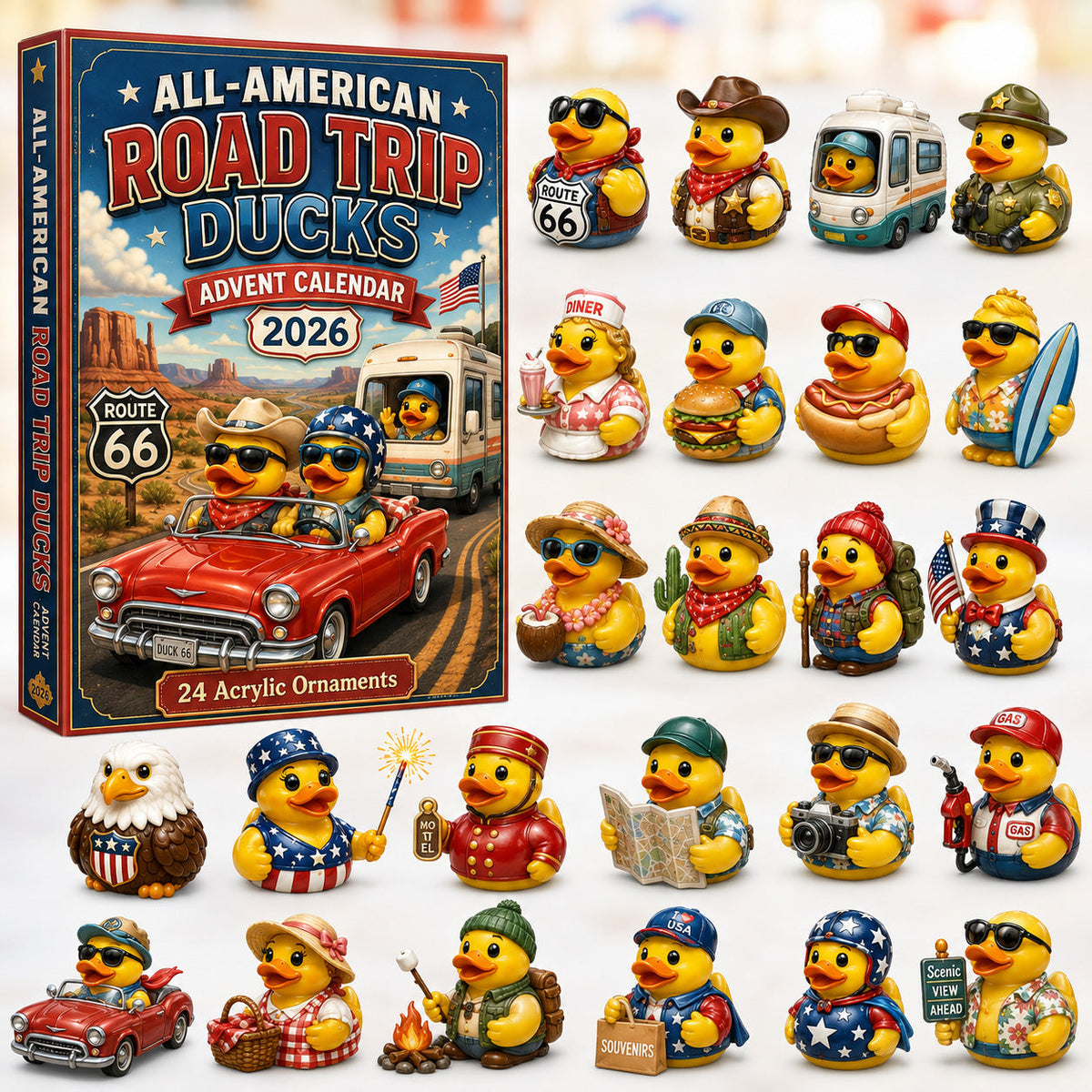 All-American Road Trip Rubber Duck Advent Calendar 2026 - 24-Day Festive Countdown, Acrylic Charms Blind Box - Gift For Family & Friends