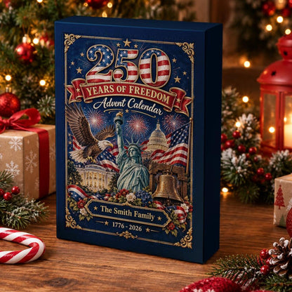Personalized 250th Freedom Patriotic Christmas Advent Calendar, 24 Acrylic Charms America Countdown Box Gift