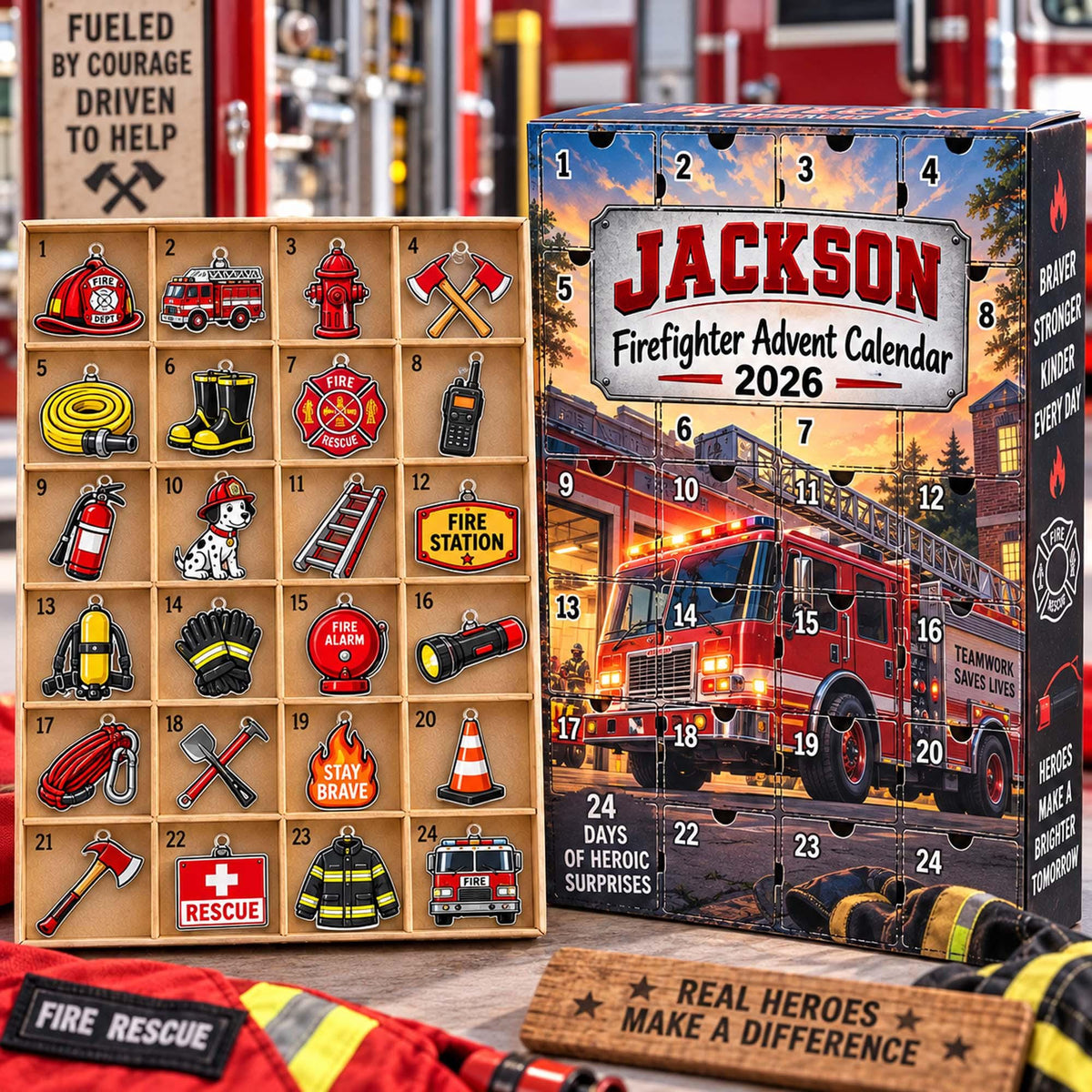 Personalized Firefighter Advent Calendar 2026, Custom Firefighter Blind Box, 24 Day Christmas Countdown with Firefighter Ornament Set