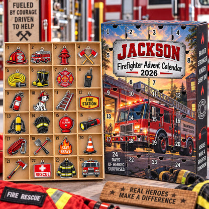 Personalized Firefighter Advent Calendar 2026, Custom Firefighter Blind Box, 24 Day Christmas Countdown with Firefighter Ornament Set