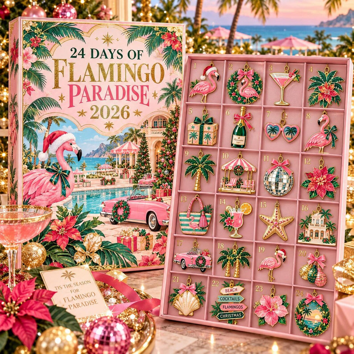 Flamingo Advent Calendar 2026, 24 Day Xmas Countdown, Pink Tropical Ornaments, Beach Christmas Gift, Flamingo Lover Coastal Holiday Decor