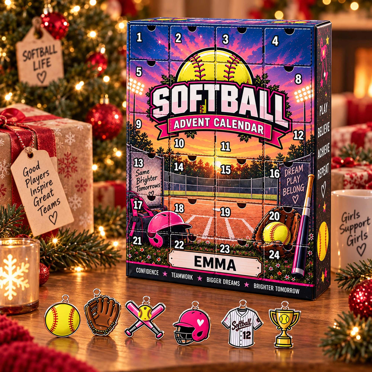 Personalized Softball Advent Calendar 2026, Custom Softball Blind Box, 24 Day Christmas Countdown with Softball Tokens, Xmas Countdown Gifts