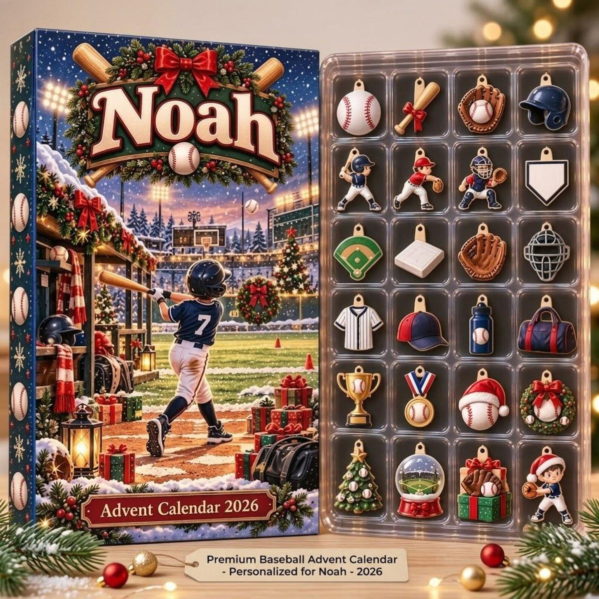 Personalized Baseball Advent Calendar 2026, 24 Sports Charms, Custom Name Christmas Countdown Gift for Baseball Players