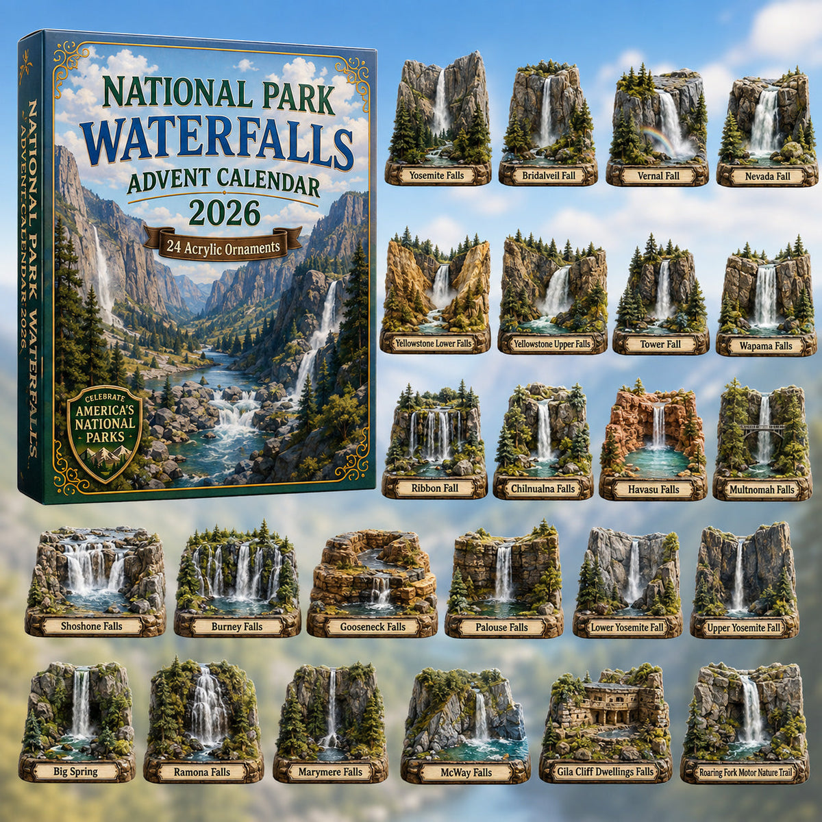 National Park Waterfalls Advent Calendar 2026 - 24-Day Festive Countdown, Acrylic Charms Blind Box - Gift For Family & Friends
