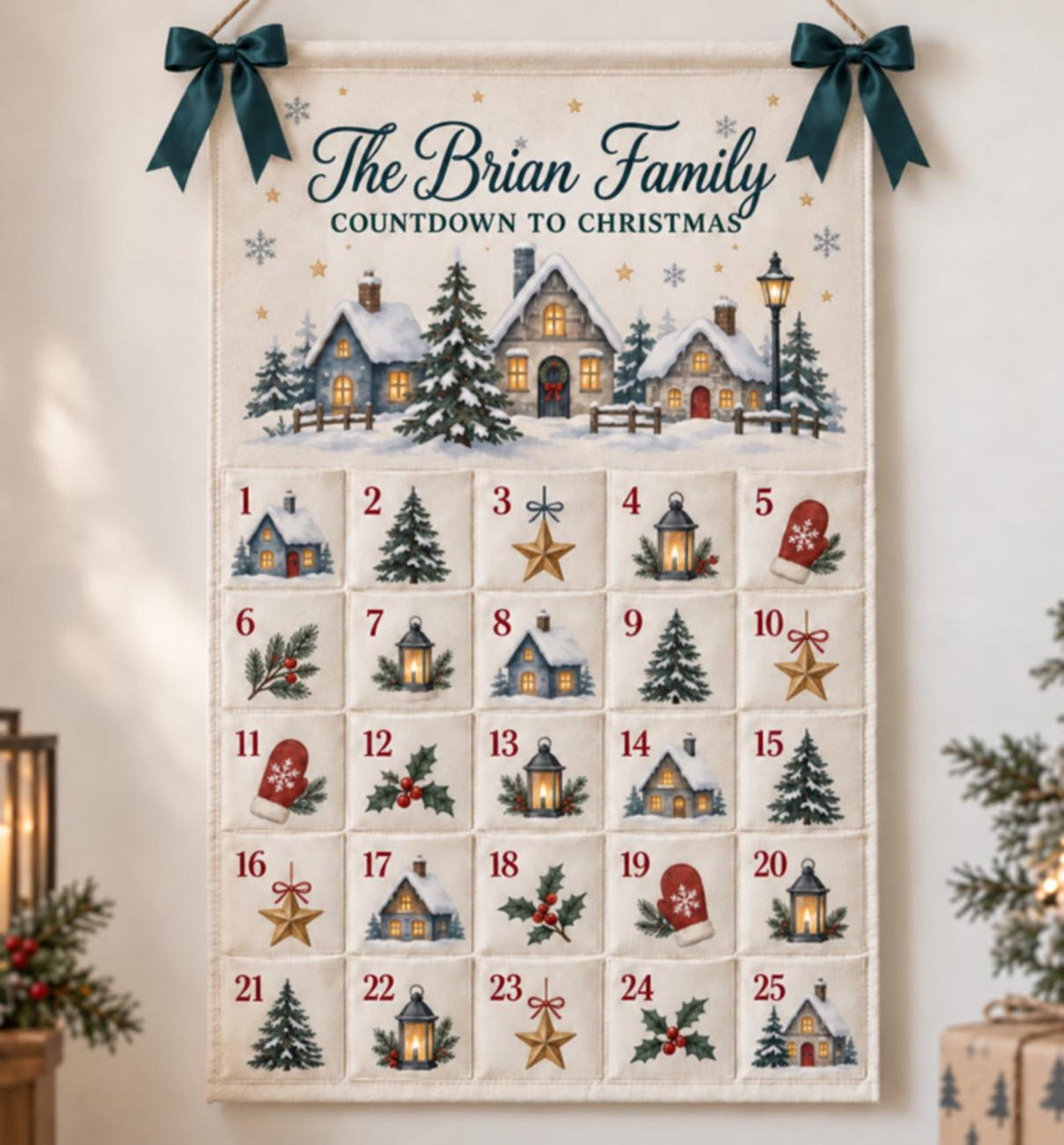 Personalized Christmas Advent Calendar, Winter Village Canvas Wall Hanging with 25 Pockets, Reusable Family Name Countdown and Holiday Decor
