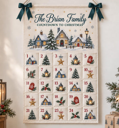 Personalized Christmas Advent Calendar, Winter Village Canvas Wall Hanging with 25 Pockets, Reusable Family Name Countdown and Holiday Decor