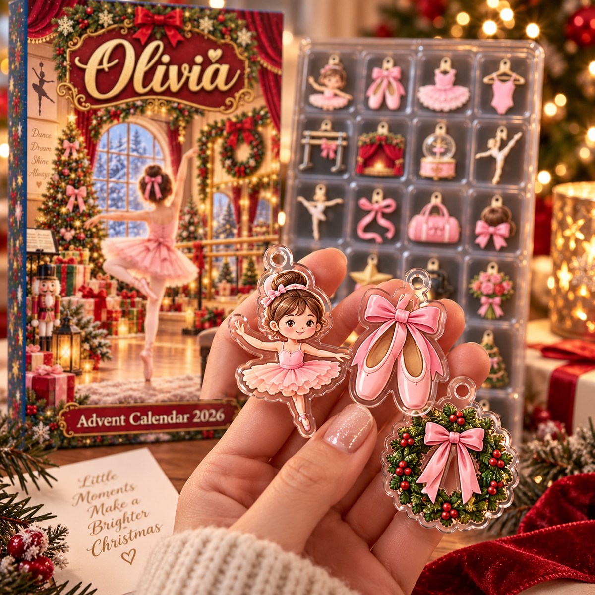 Personalized Ballerina Advent Calendar, 24 Ballet Christmas Charms, Custom Name Dancer Gift, Holiday Countdown Box