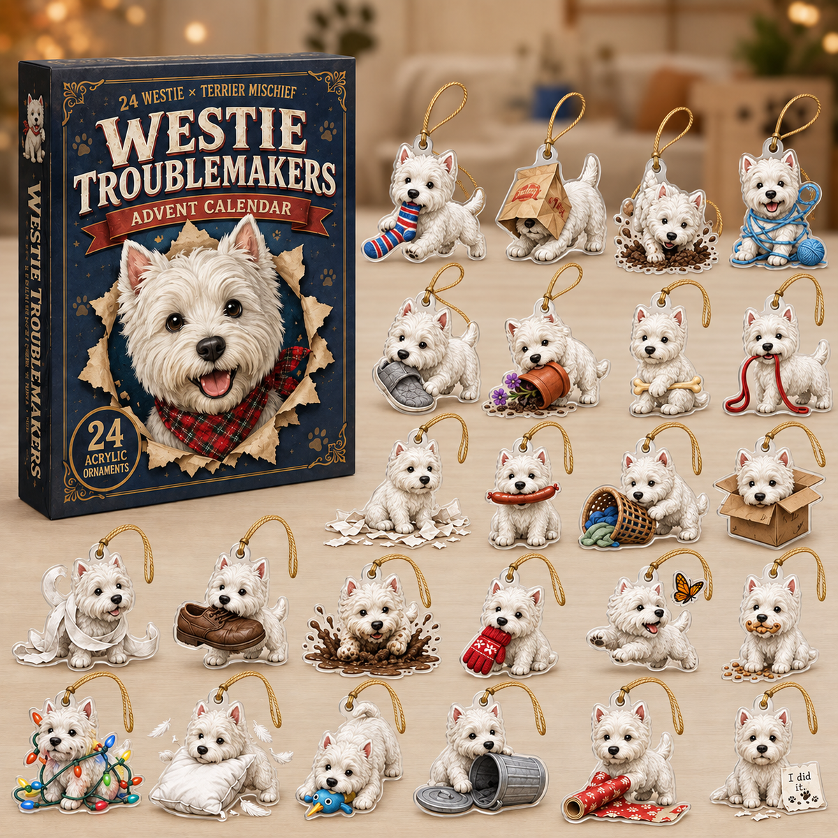 Westie Troublemakers Advent Calendar 2026 - 24-Day Festive Countdown, Acrylic Charms Blind Box - Gift For West Highland Terrier Lovers