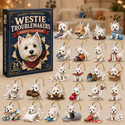 Westie Troublemakers Advent Calendar 2026 - 24-Day Festive Countdown, Acrylic Charms Blind Box - Gift For West Highland Terrier Lovers