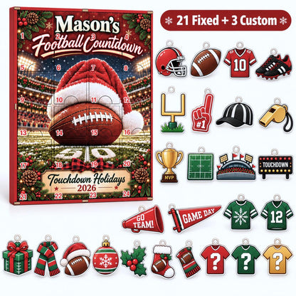 Personalized Football Advent Calendar, Custom Christmas Countdown Box with 24 Charms, Sports Gift with Photo Charms